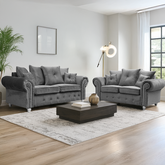 Zoey Grey Plush Velvet Sofa Suite