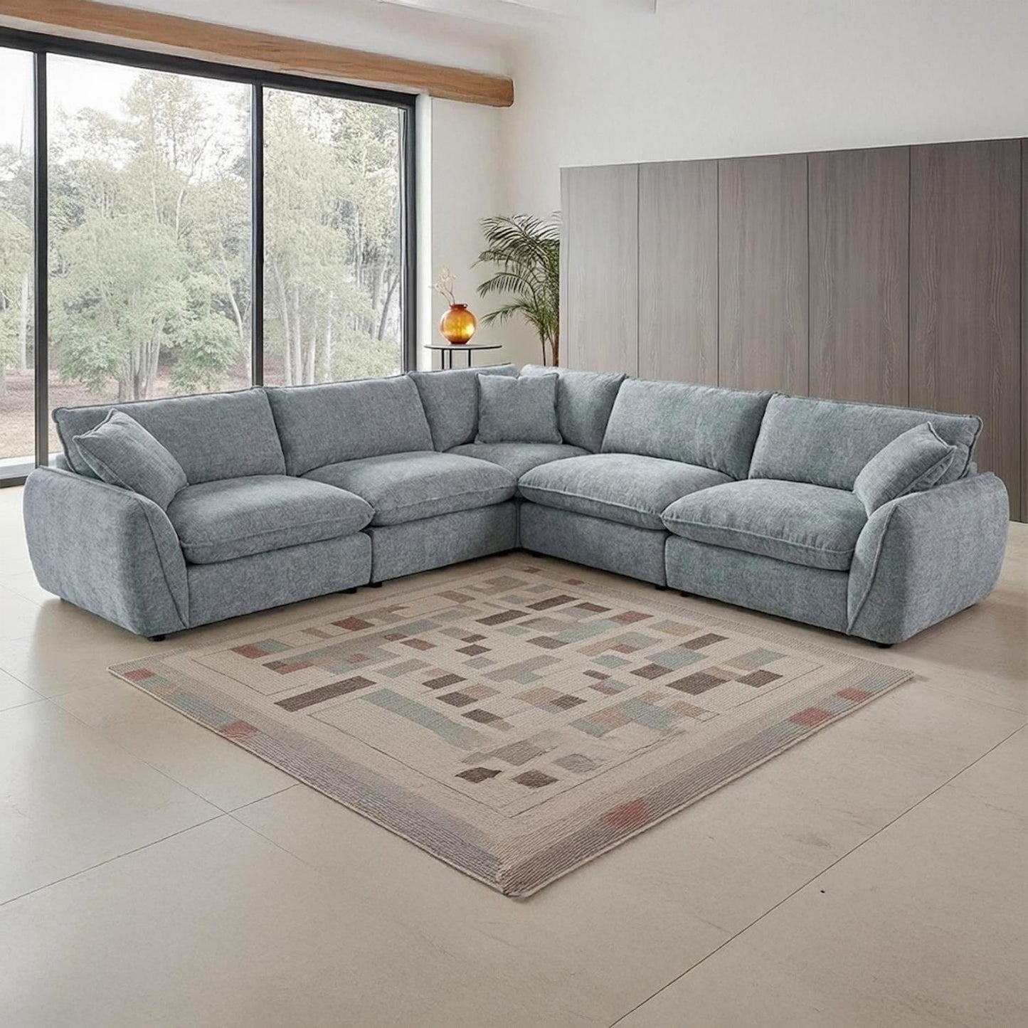 Berti Fabric Beige Grey L Shaped 5 Seater Corner Sofa