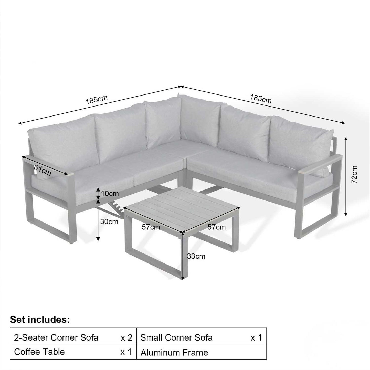 L Shaped Aluminium Grey Frame + Coffee Table Outdoor Garden Furniture