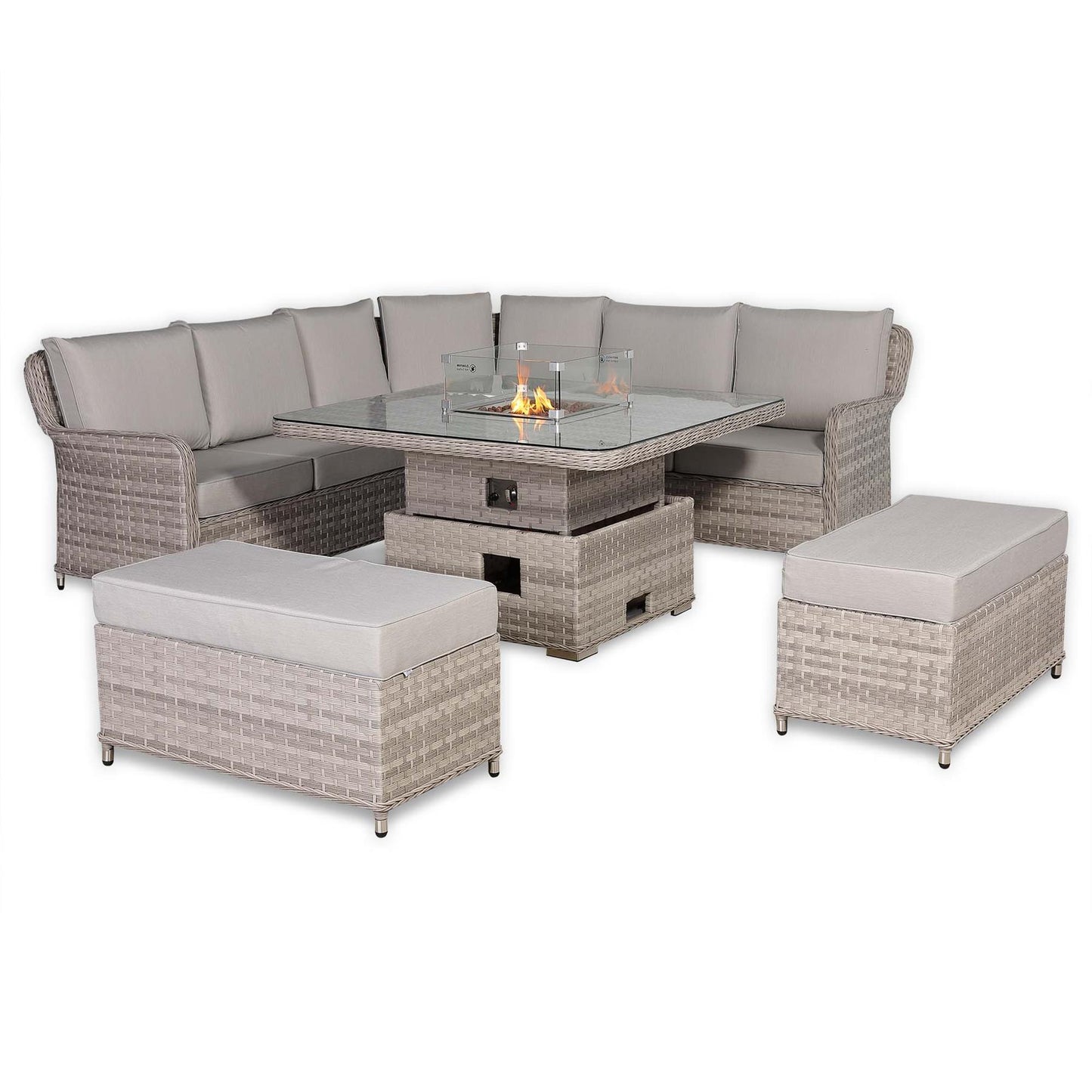 Rattan Garden Corner Sofa Set with Rising Fire Pit Table & Bench