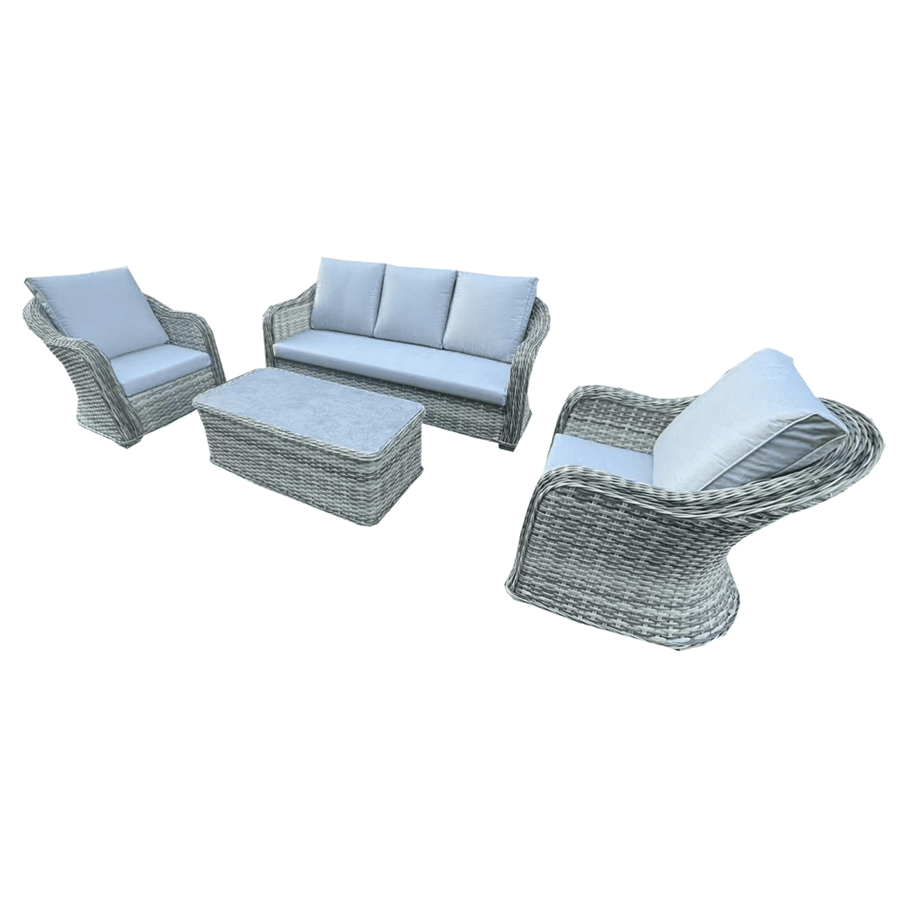 4 Piece Grey Rattan Lounge Set With Glass Top Coffee Table - 4