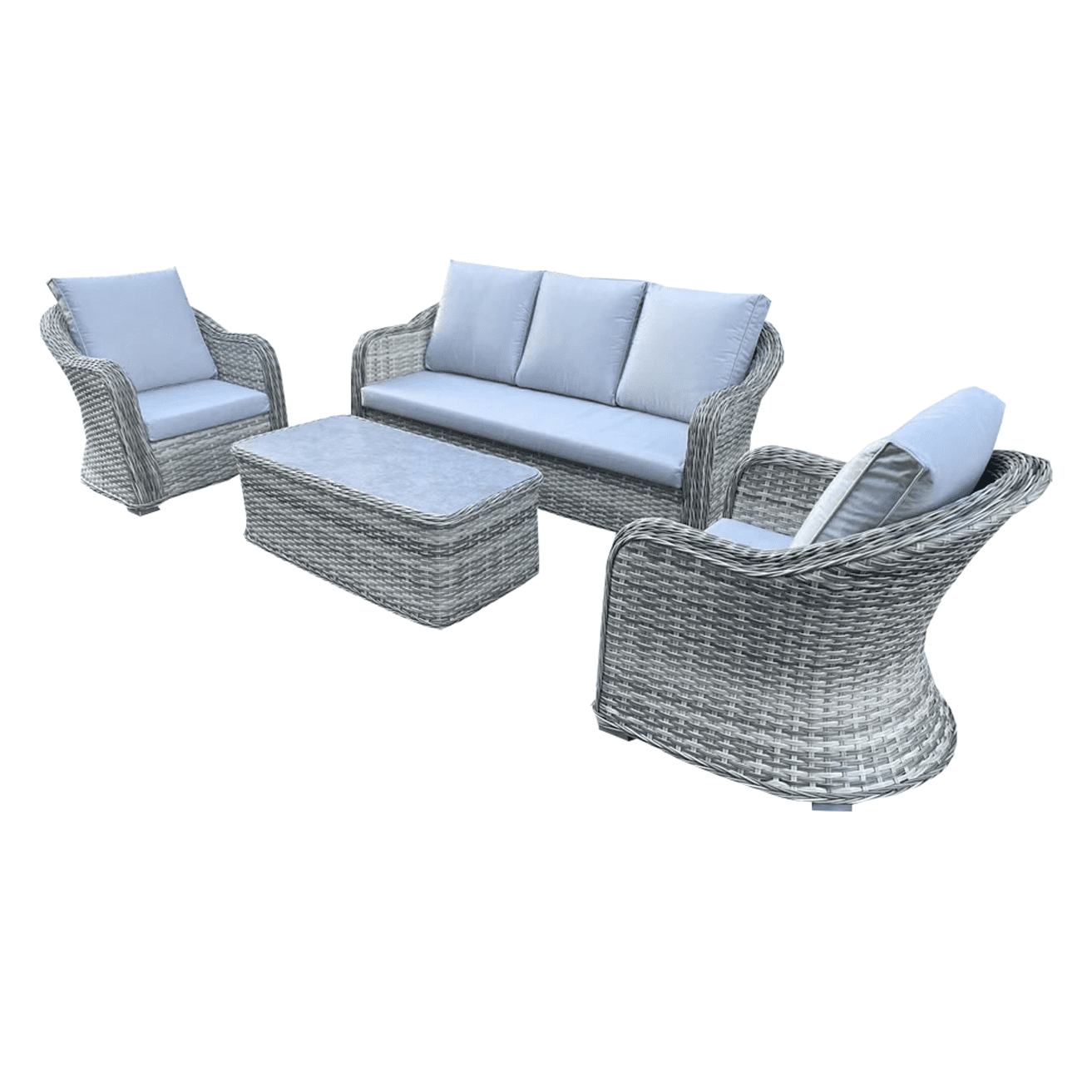 4 Piece Grey Rattan Lounge Set With Glass Top Coffee Table
