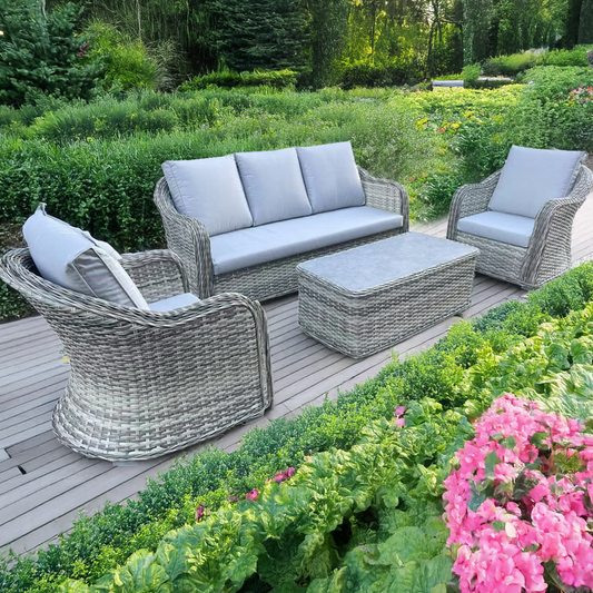 4 Piece Grey Rattan Lounge Set With Glass Top Coffee Table - 7