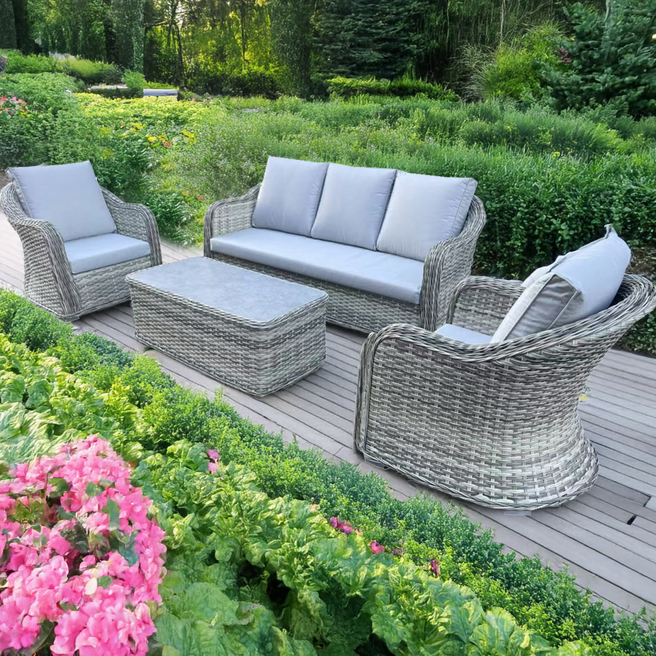 4 Piece Grey Rattan Lounge Set With Glass Top Coffee Table - 8