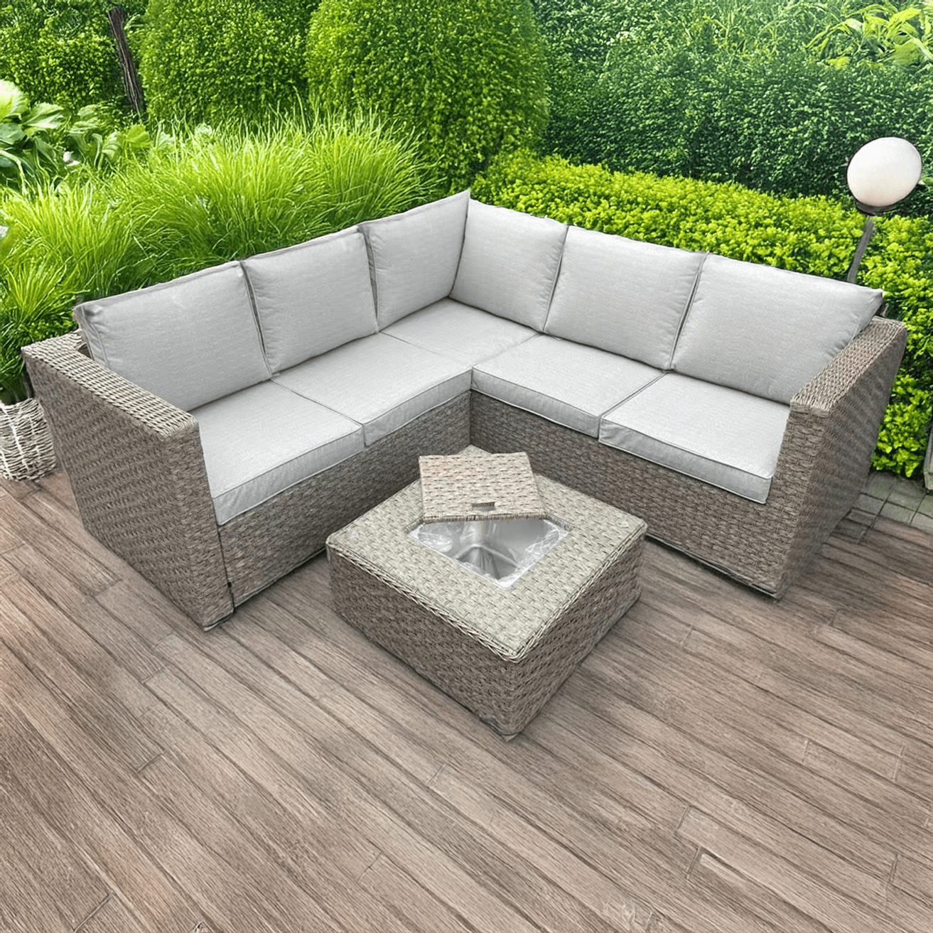 Rattan Brown Garden 5 Seater Corner Sofa With Table Outdoor - 5
