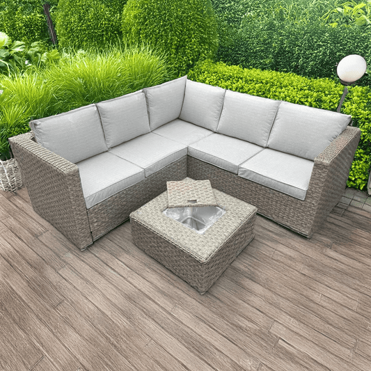 Rattan Brown Garden 5 Seater Corner Sofa With Table Outdoor - 5