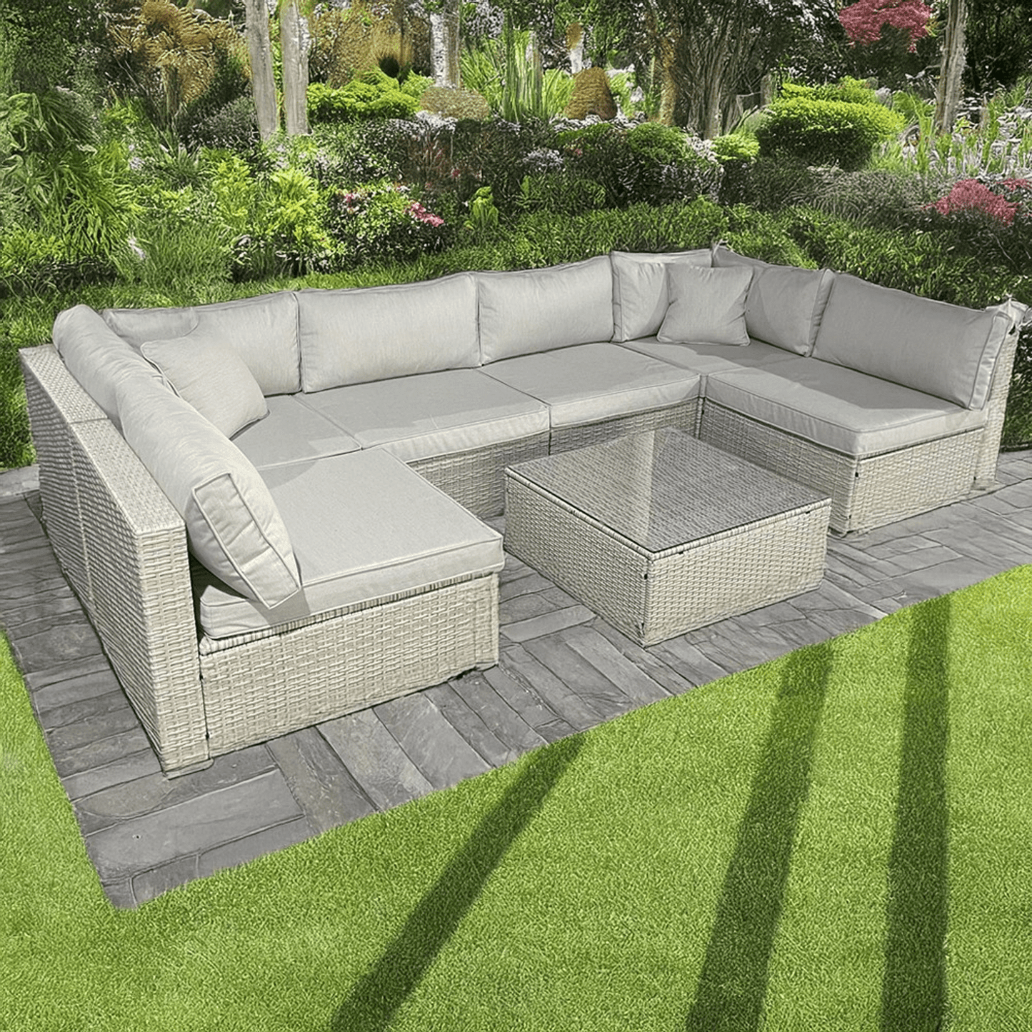 Rattan U Shaped Grey Sofa + Glass Coffee Table Outdoor Seating - 2