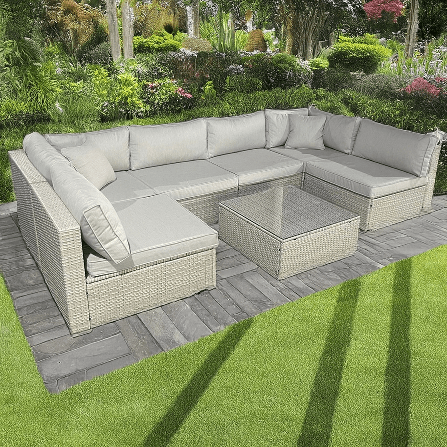 Rattan U Shaped Grey Sofa + Glass Coffee Table Outdoor Seating - 2