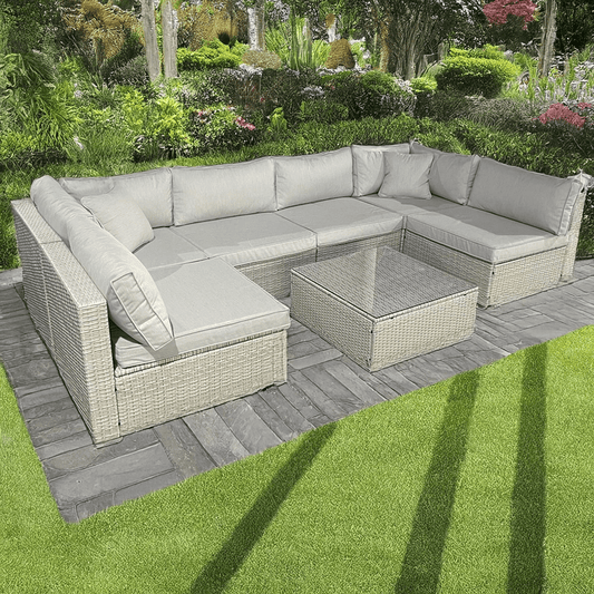Rattan U Shaped Grey Sofa + Glass Coffee Table Outdoor Seating - 2