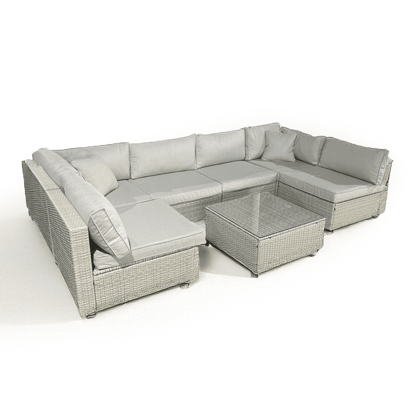 Rattan U Shaped Grey Sofa + Glass Coffee Table Outdoor Seating