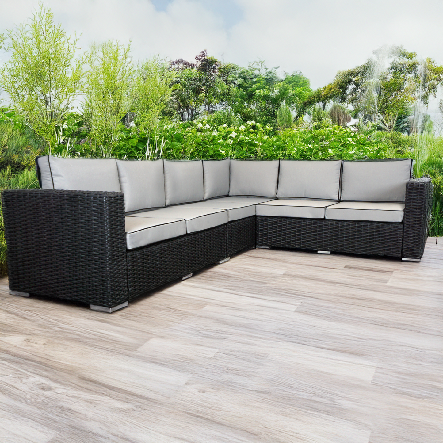 L Shaped 9 Seater Black Rattan Patio Set With Fire Pit Table