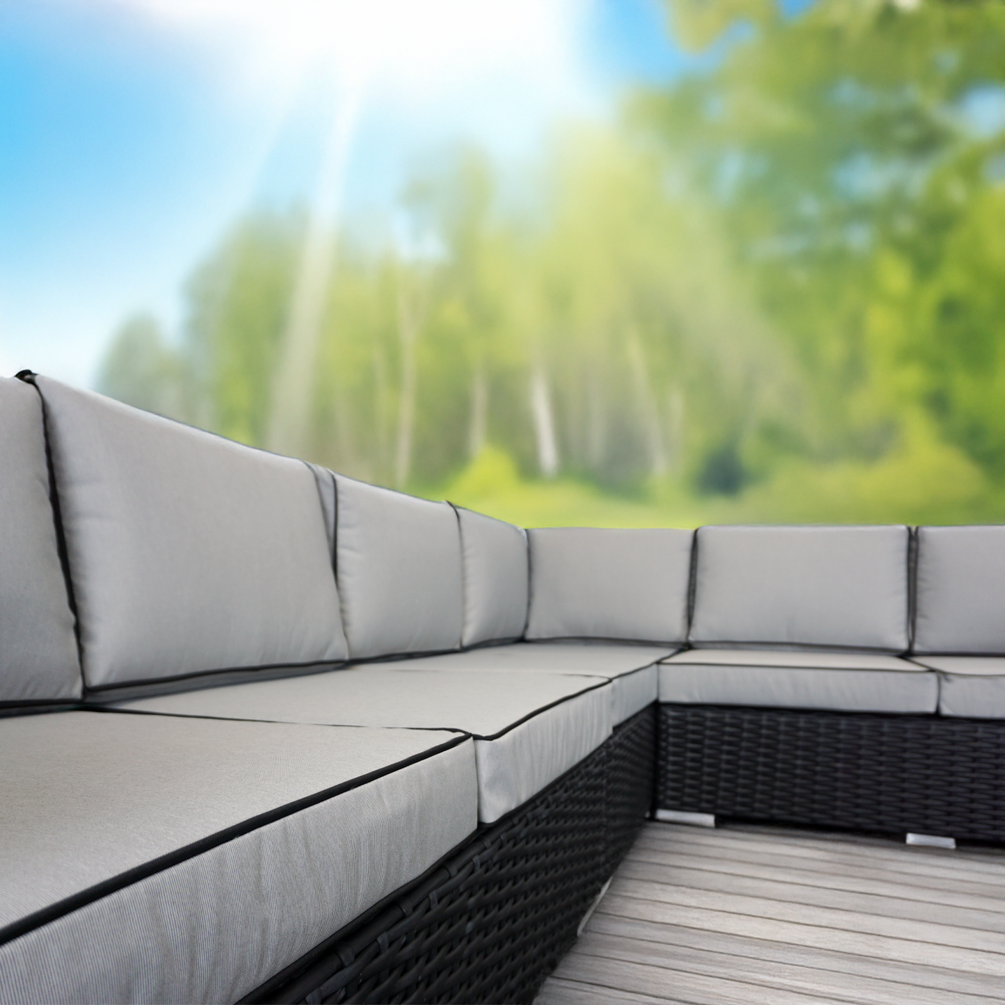 L Shaped 9 Seater Black Rattan Patio Set With Fire Pit Table