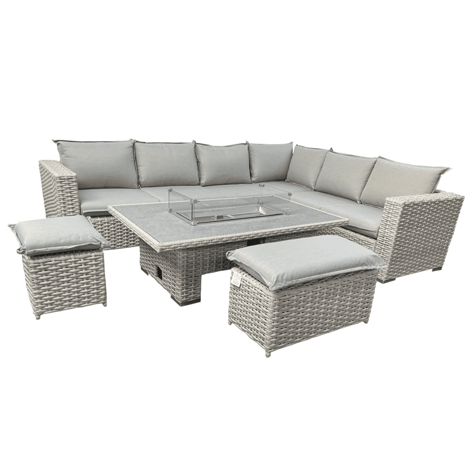 L Shaped 9 Seater Grey Rattan Patio Set With Fire Pit Table