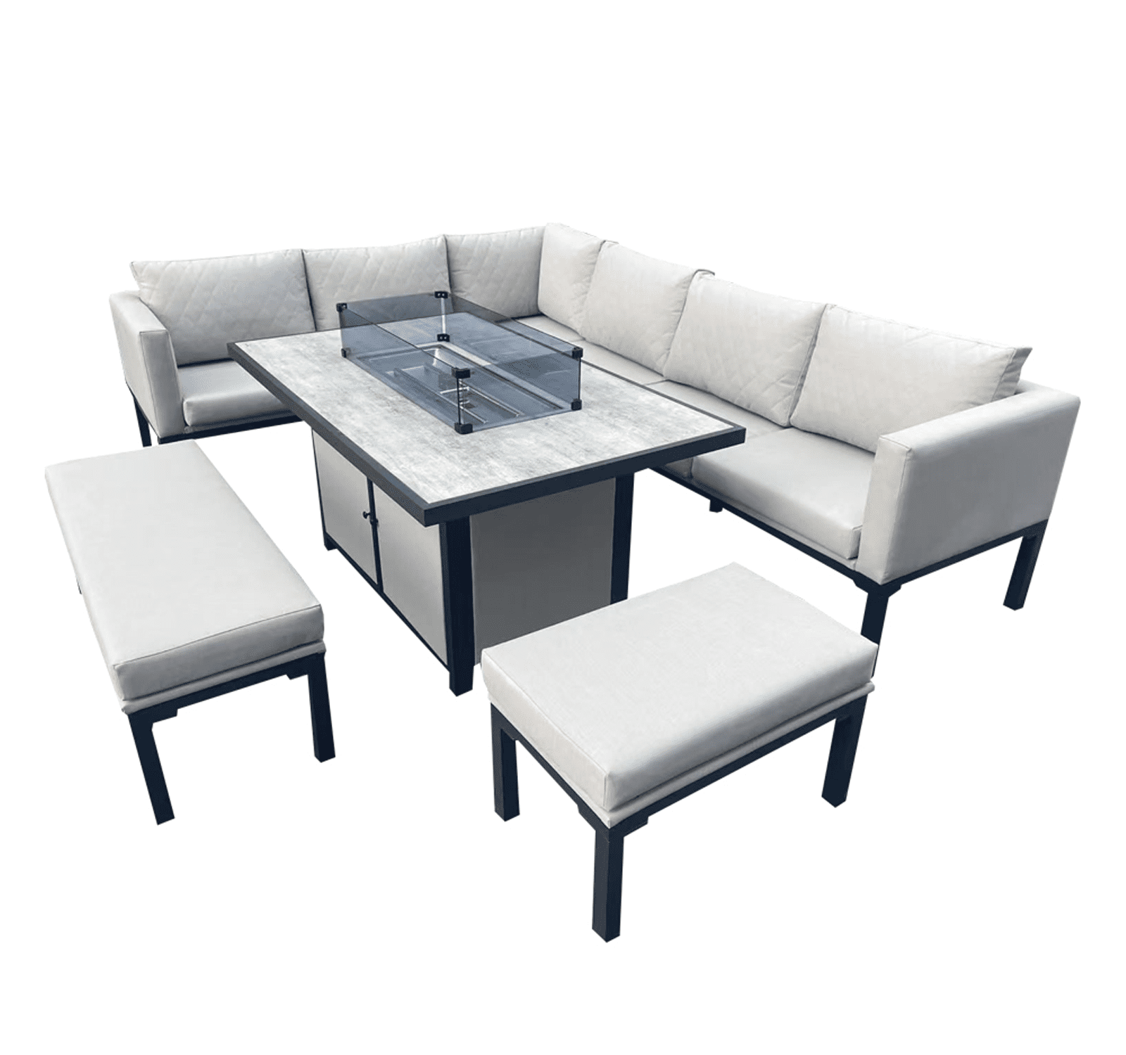 L Shaped 9 Seater Beige Garden Patio Set + Fire Pit Table
