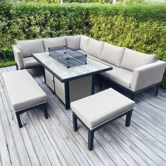 L Shaped 9 Seater Beige Garden Patio Set + Fire Pit Table