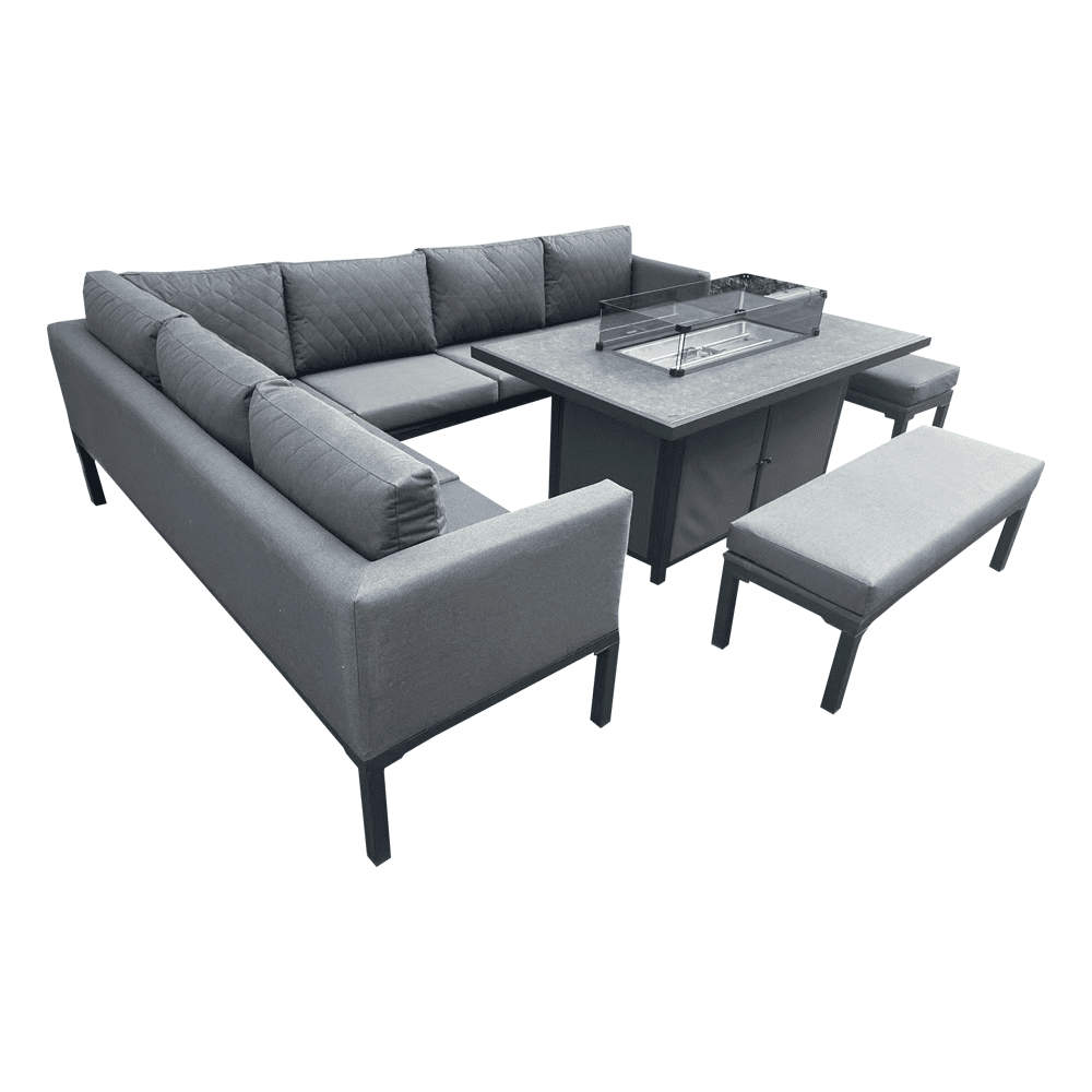 L Shaped 9 Seater Grey Garden Patio Set + Fire Pit Table - 3