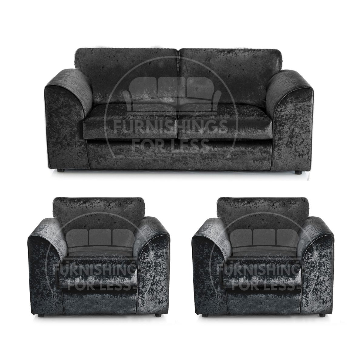 Crystal Crushed Velvet 3 Seater and 2 Armchairs Full Back