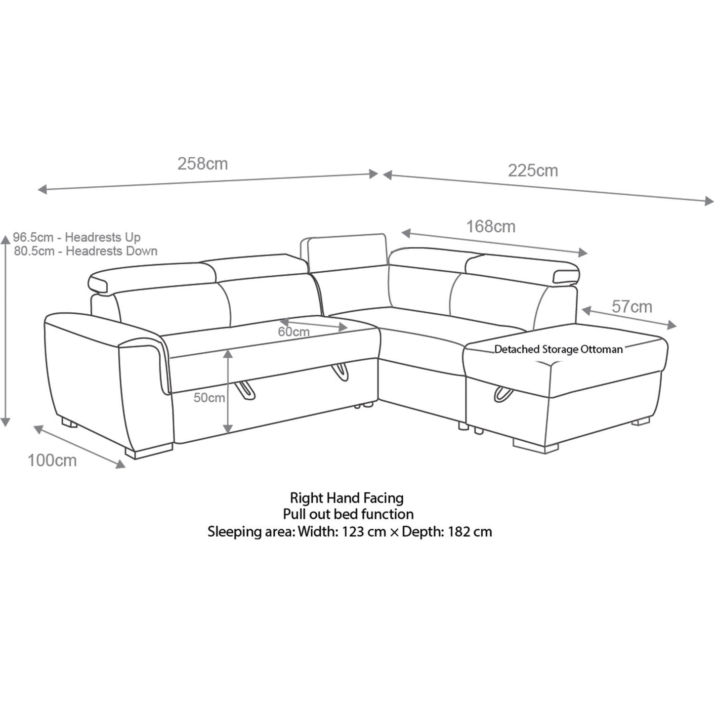 Nevada Grey Suede Corner Sofa Bed Tilting Headrest + Storage Ottoman