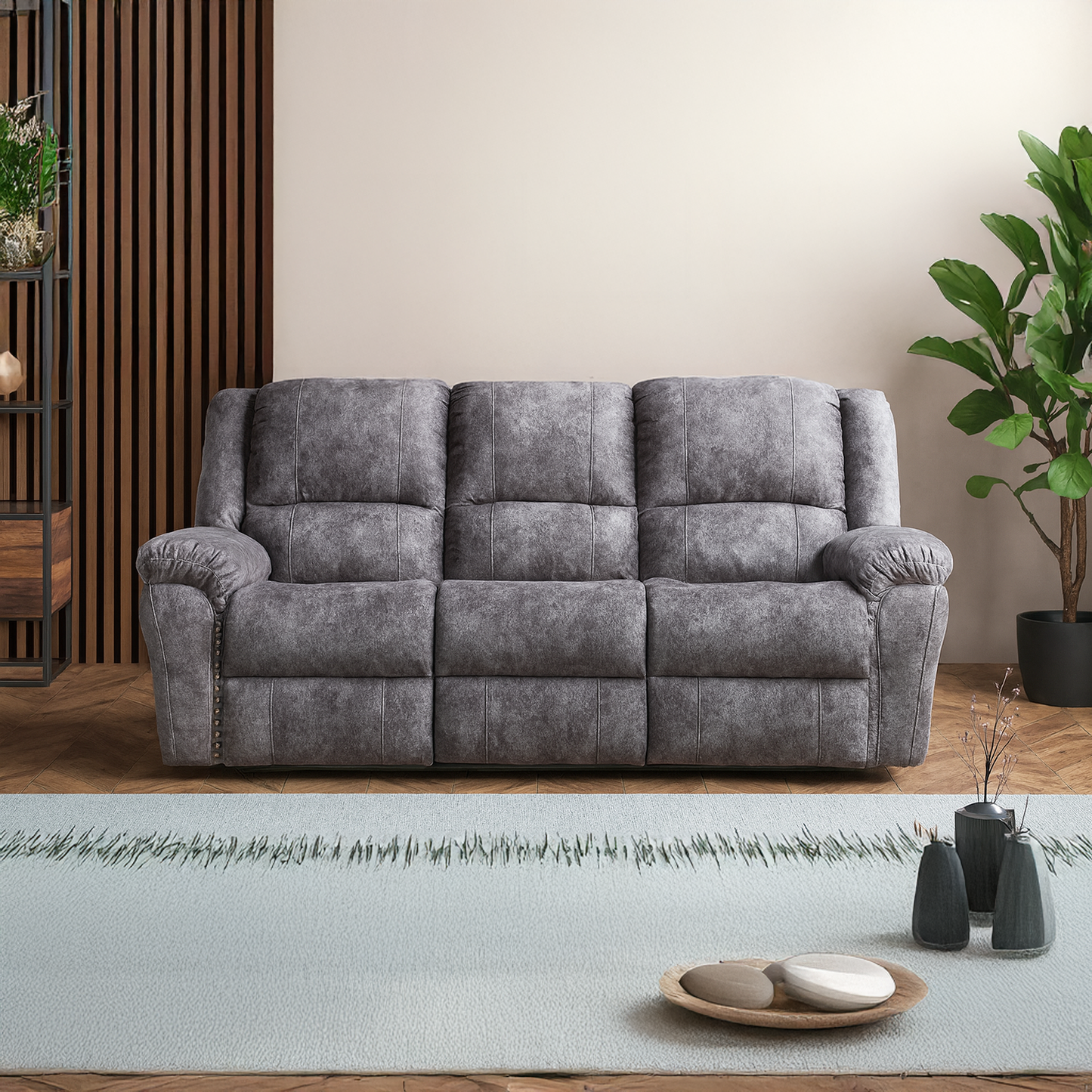 Galaxy Plush Velvet Grey Electric Reclining 3 Seater Sofa