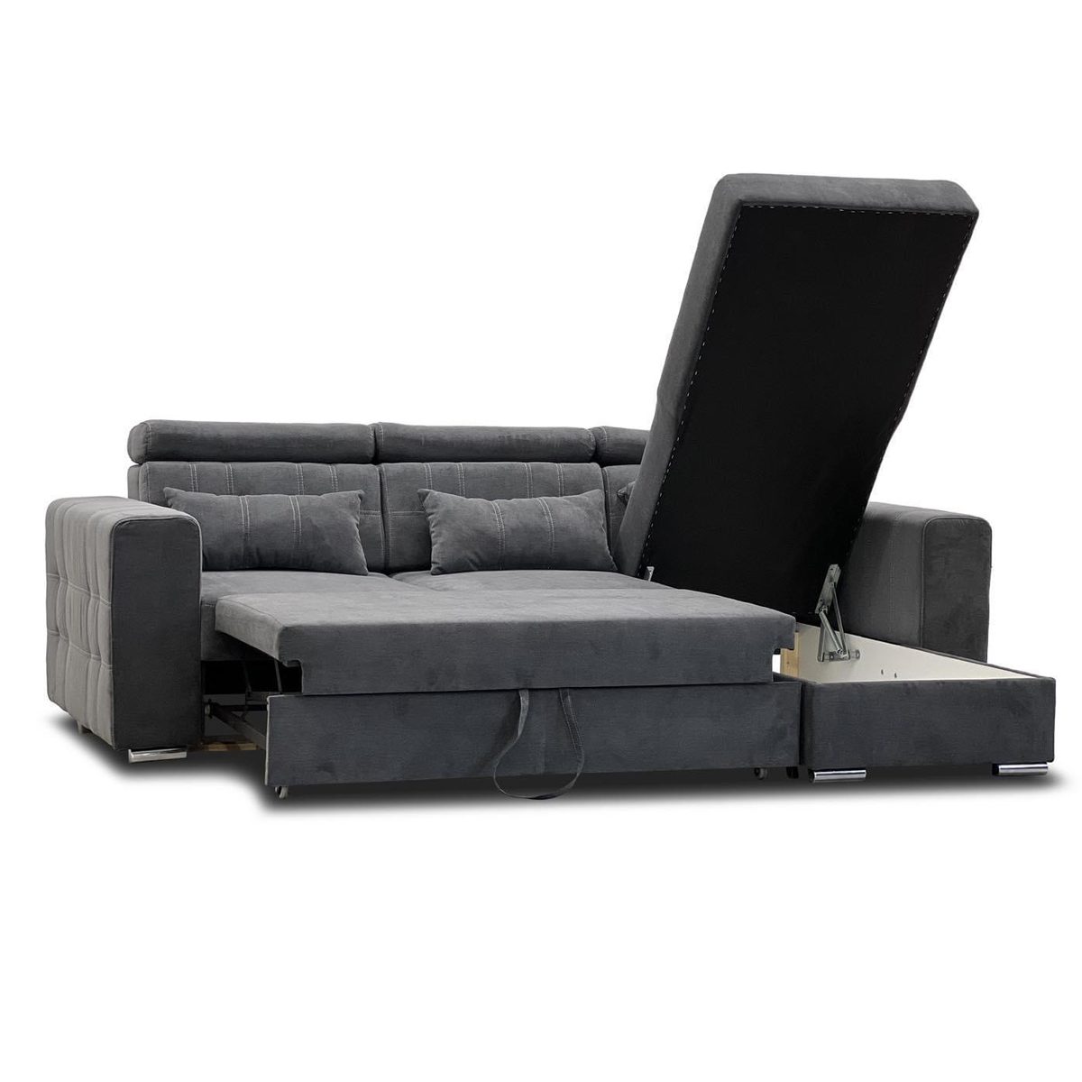 Miami Grey Fabric Corner Sofa Bed With Storage and Headrests