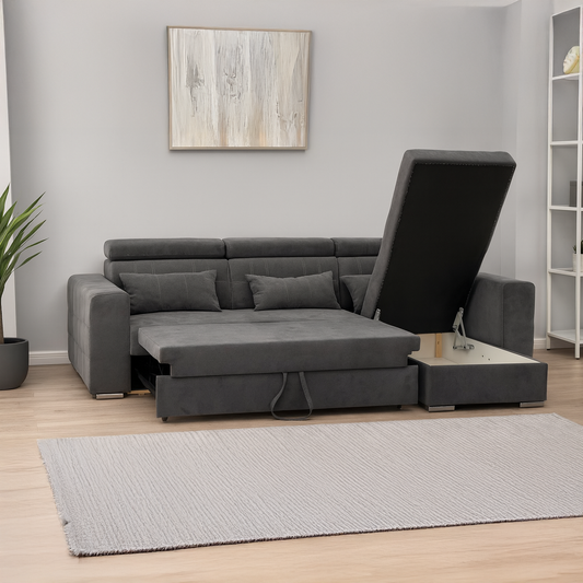 Miami Grey Fabric Reversible Corner Sofa Bed With Storage and Headrests