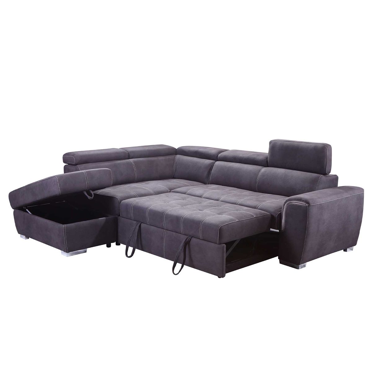 Nevada Grey Suede Corner Sofa Bed Tilting Headrest + Storage Ottoman