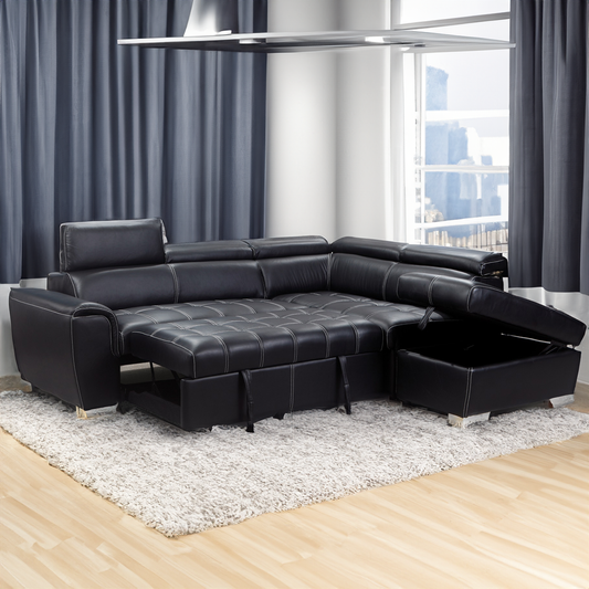 Nevada Black Leather Corner Sofa Bed Tilting Headrest + Storage Ottoman