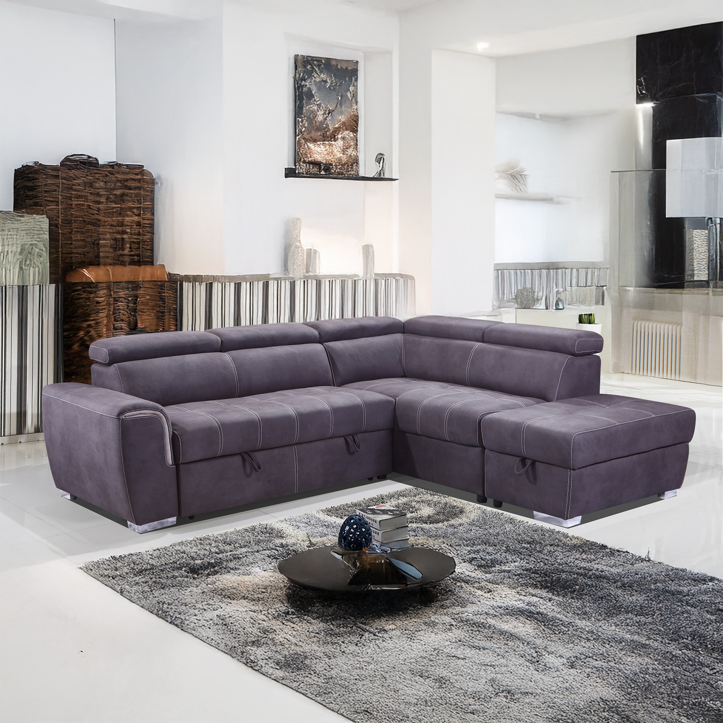 Nevada Grey Suede Corner Sofa Bed Tilting Headrest + Storage Ottoman
