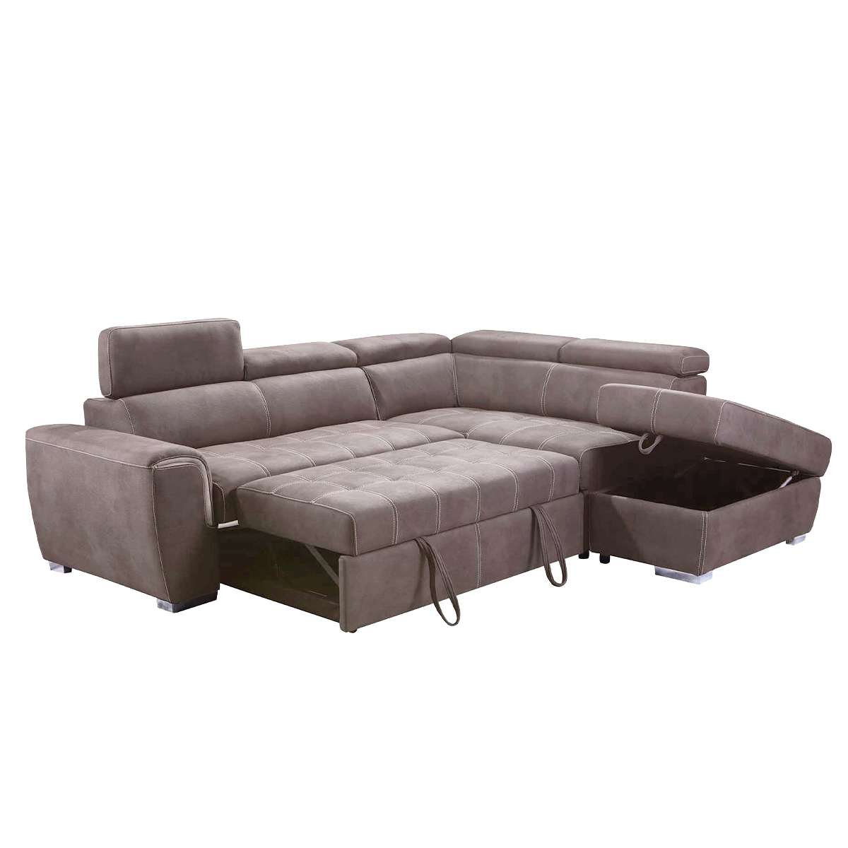 Nevada Mushroom Suede Corner Sofa Bed Tilting Headrest + Storage Ottoman