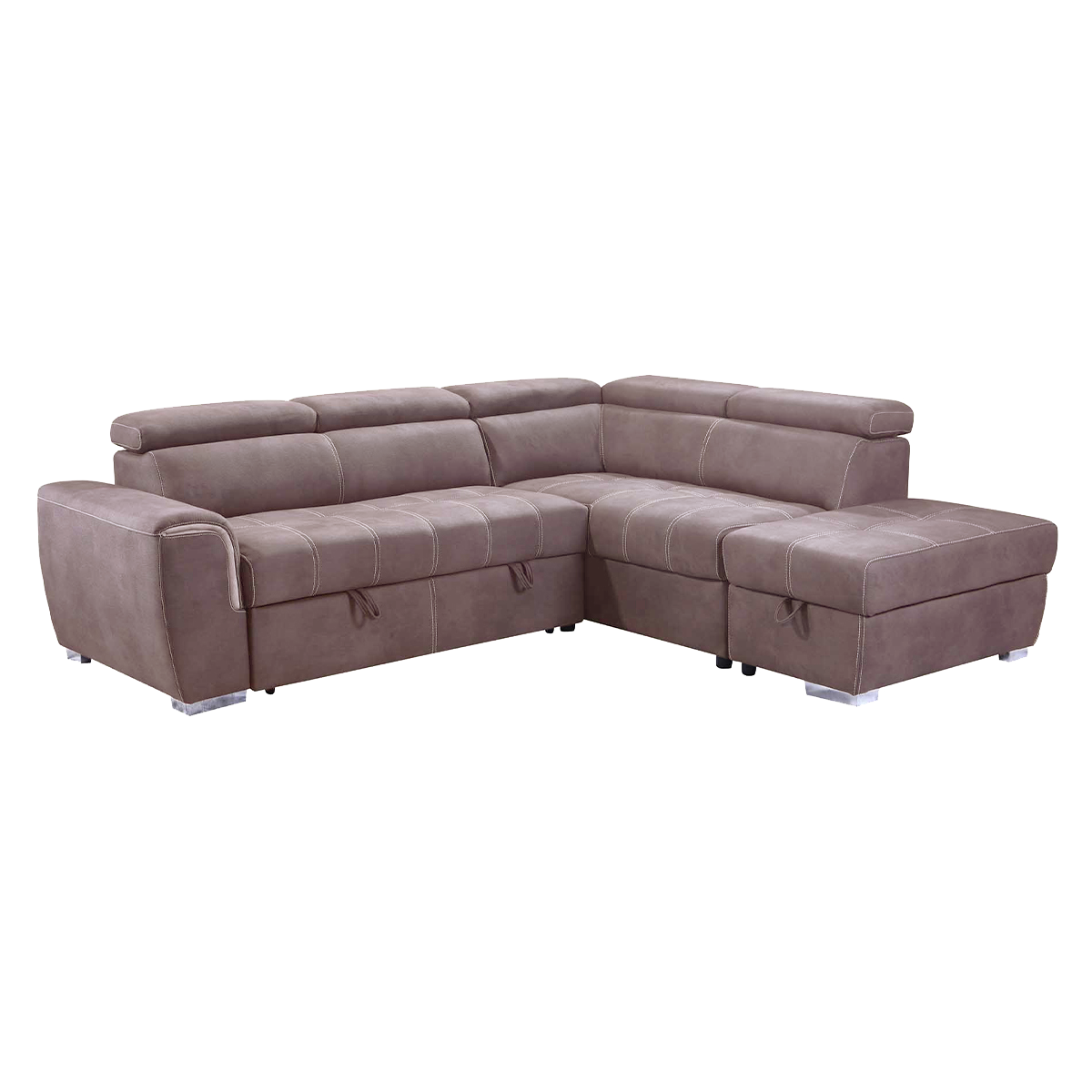 Nevada Mushroom Suede Corner Sofa Bed Tilting Headrest + Storage Ottoman