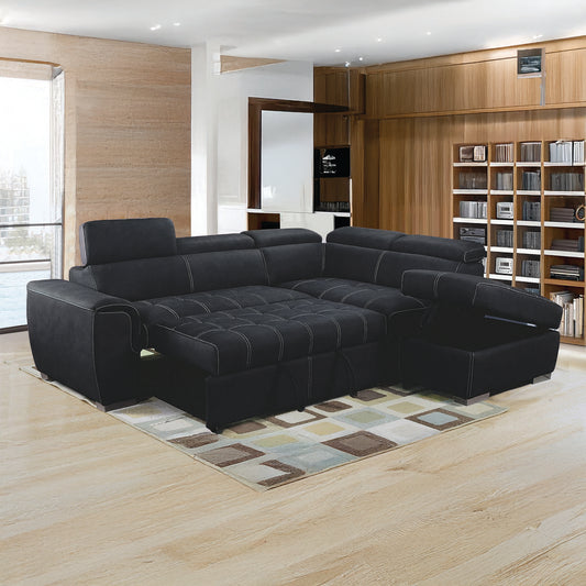 Nevada Black Suede Corner Sofa Bed Tilting Headrest + Storage Ottoman