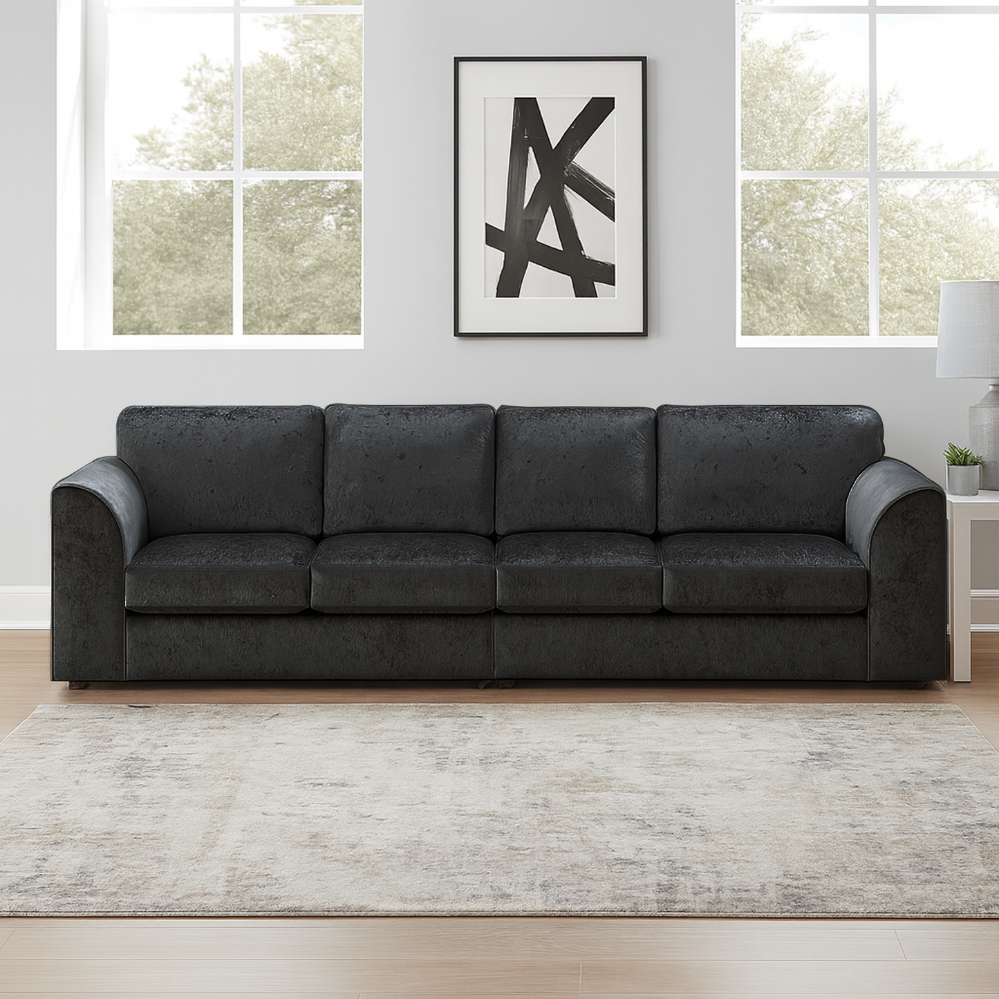 Crystal Crushed Velvet Long Fabric 4 Seater Sofa Full Back