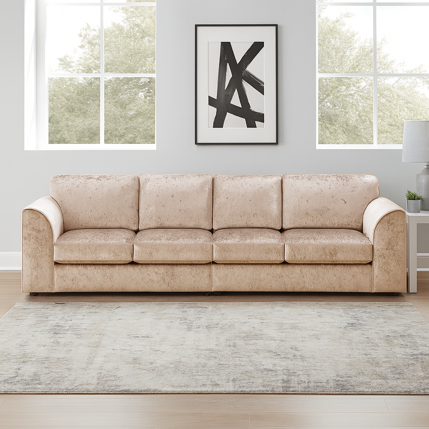Crystal Crushed Velvet Long Fabric 4 Seater Sofa Full Back