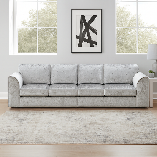 Crystal Crushed Velvet Long Fabric 4 Seater Sofa Full Back