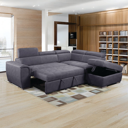 Nevada Grey Suede Corner Sofa Bed Tilting Headrest + Storage Ottoman