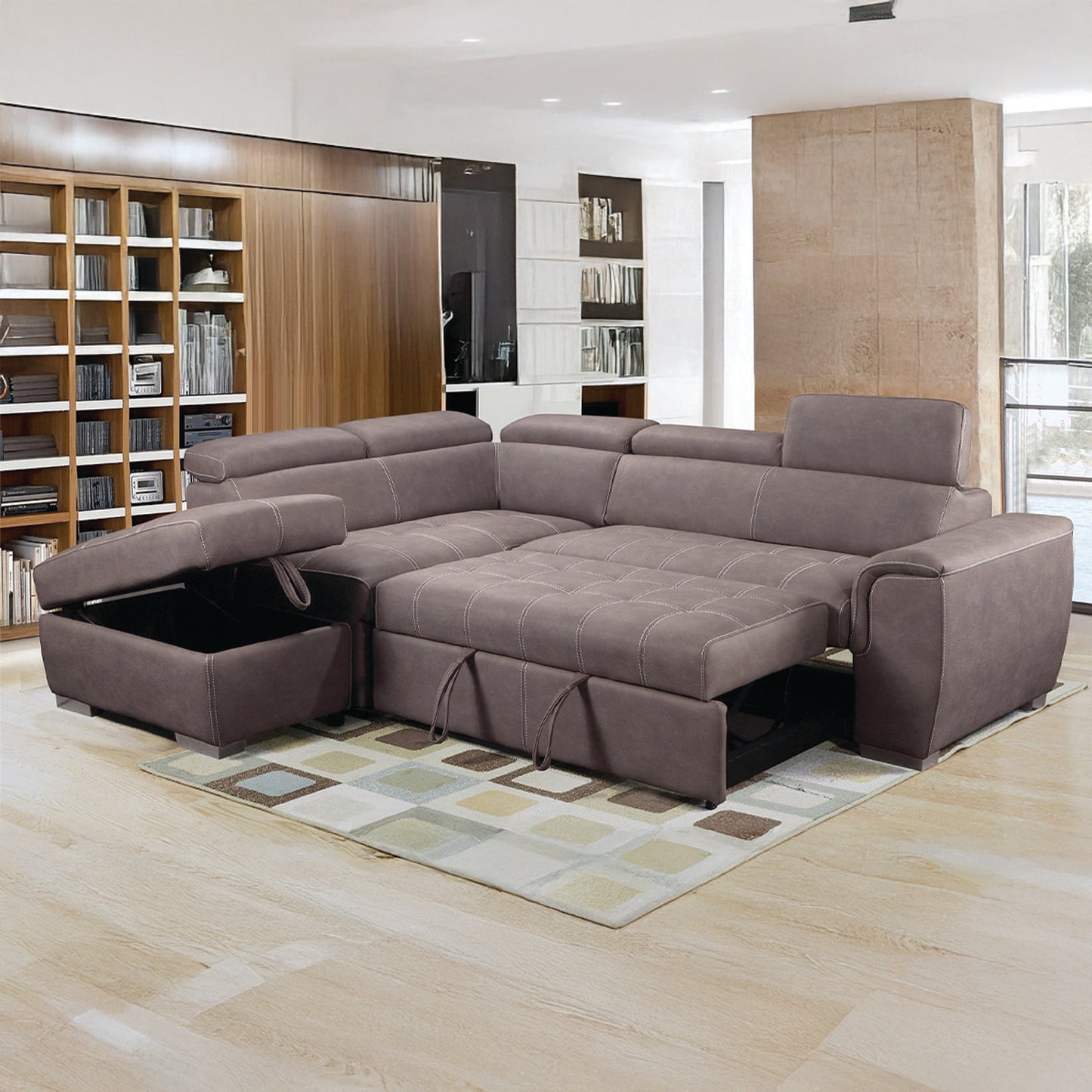 Nevada Mushroom Suede Corner Sofa Bed Tilting Headrest + Storage Ottoman