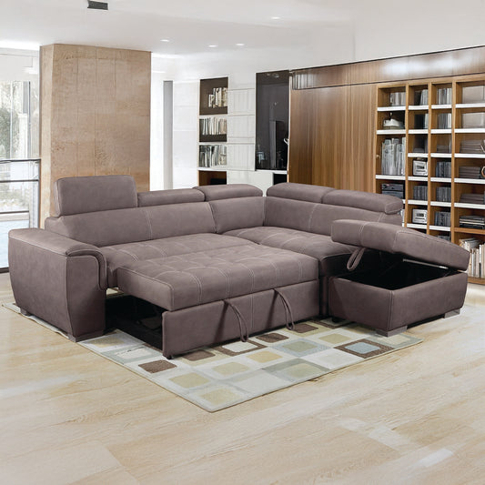 Nevada Mushroom Suede Corner Sofa Bed Tilting Headrest + Storage Ottoman