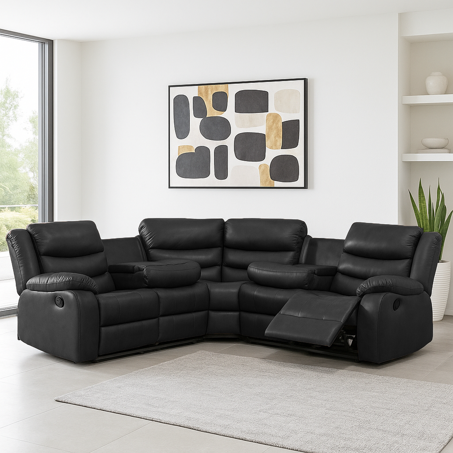 Leather 5 Seater Reclining Corner Sofa + Drinks Tray