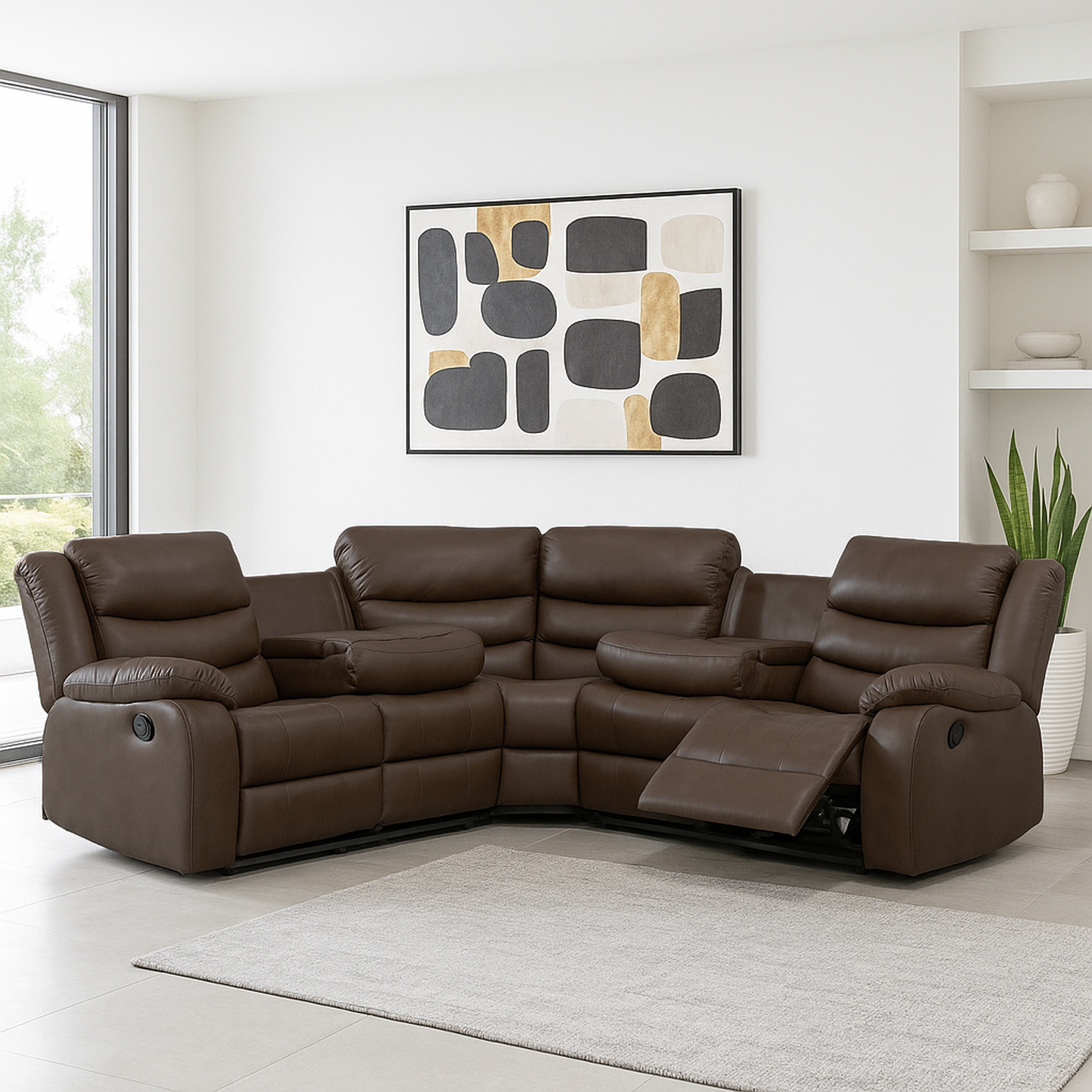 Leather 5 Seater Reclining Corner Sofa + Drinks Tray