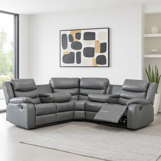 Leather 5 Seater Reclining Corner Sofa + Drinks Tray