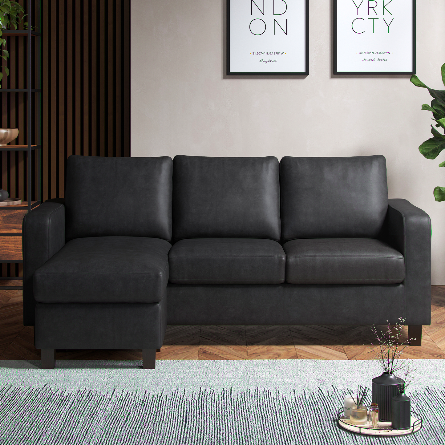 York Black Faux Leather 3 Seater Reversible Corner Sofa