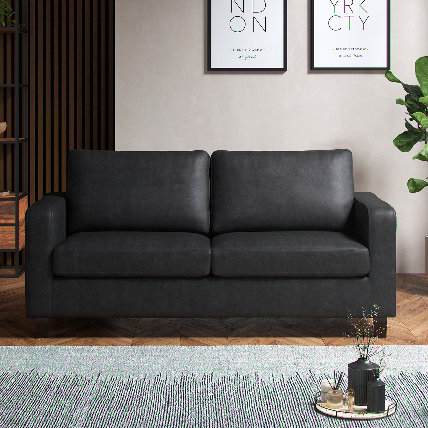 York Black Faux Leather 3+2 Sofa Set