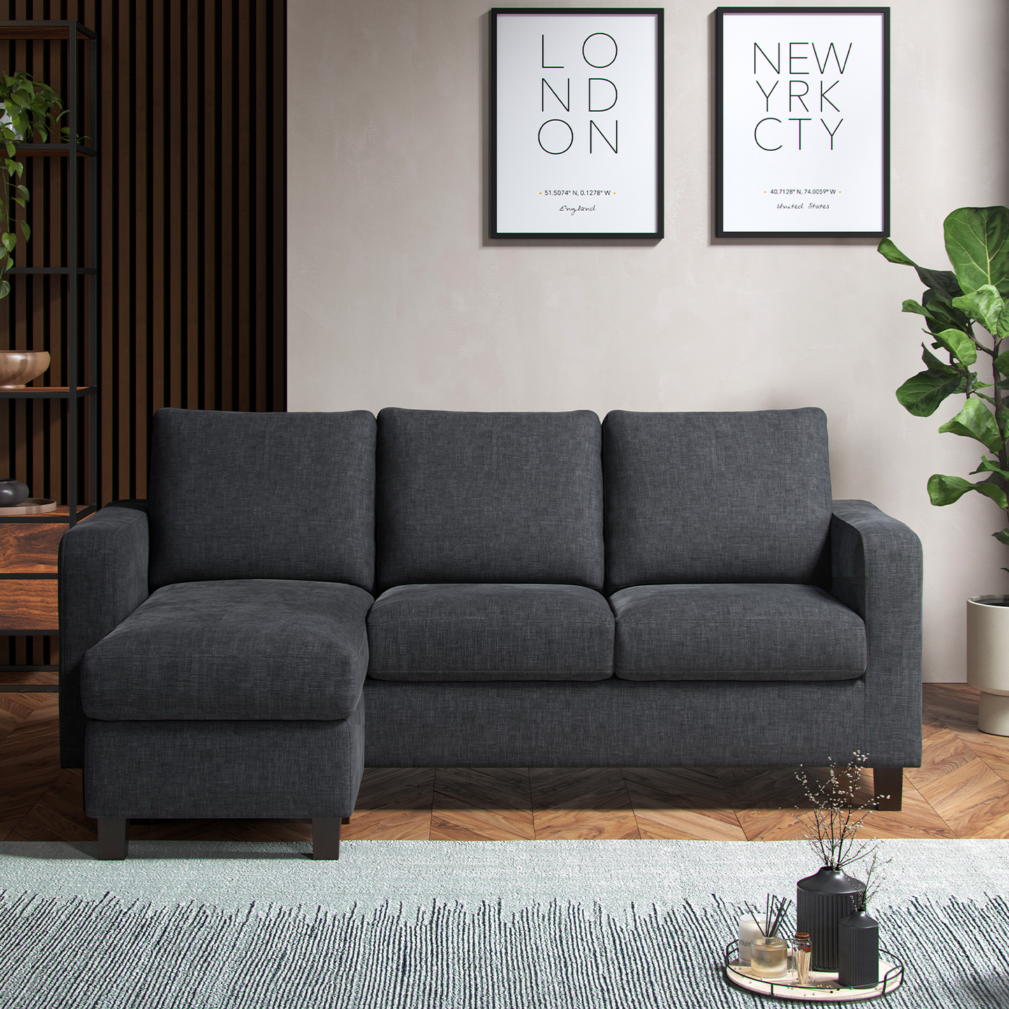 York Grey Turin Fabric 3 Seater Reversible Corner Sofa