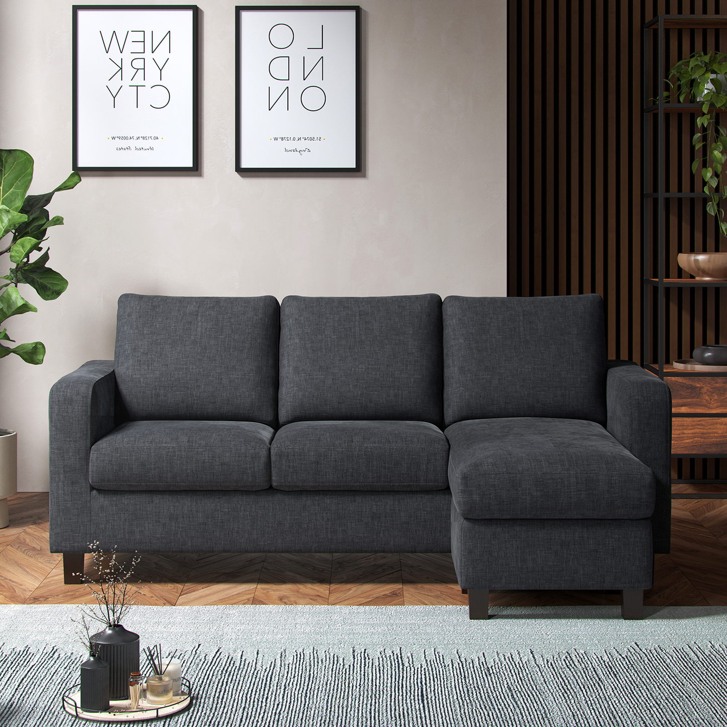 York Grey Turin Fabric 3 Seater Reversible Corner Sofa