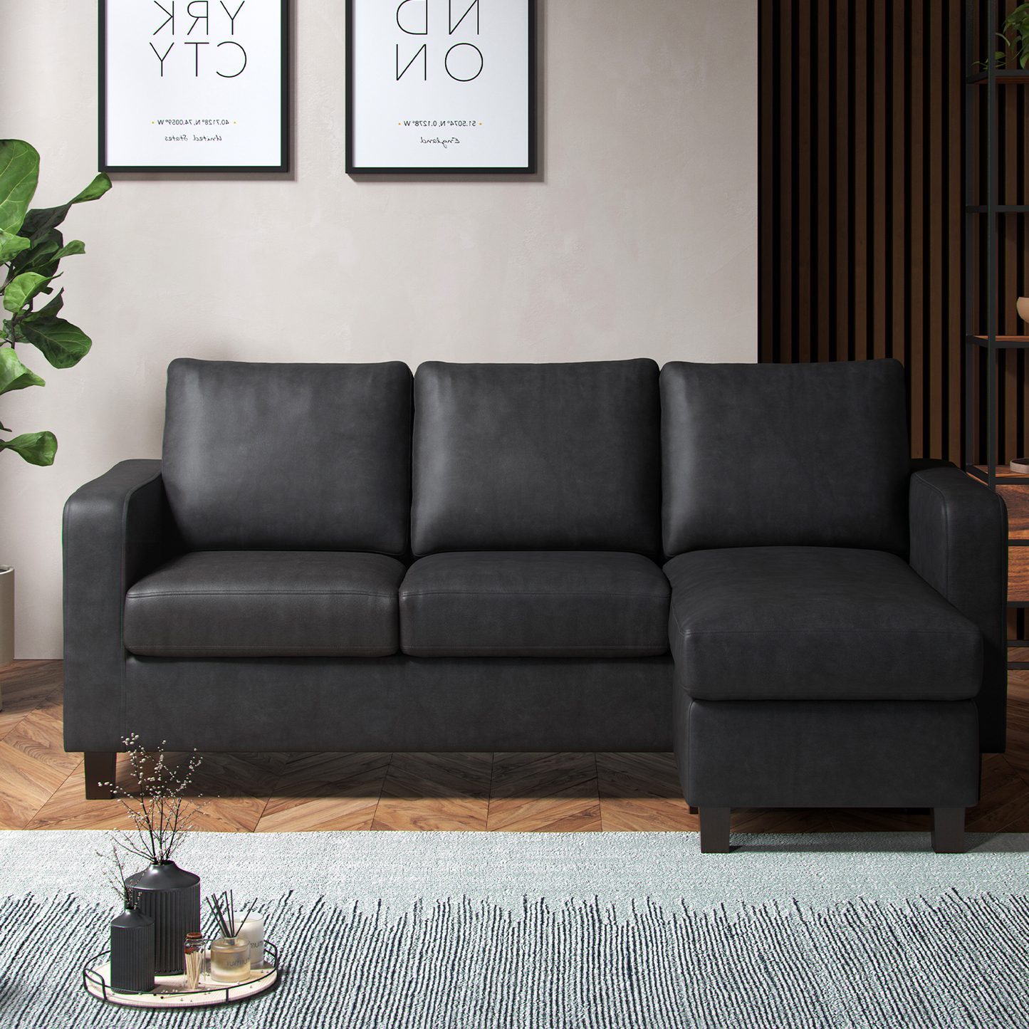 York Black Faux Leather 3 Seater Reversible Corner Sofa