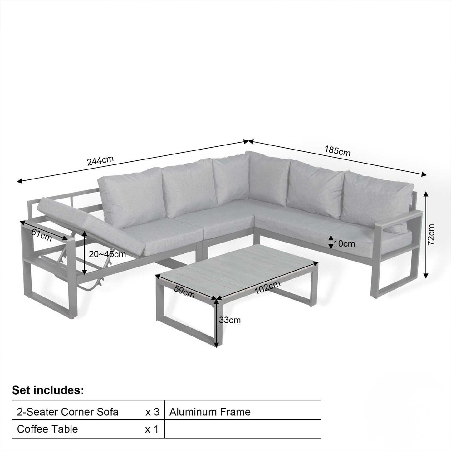 Aluminium Charcoal L Shaped RHF Outdoor Garden Furniture Coffee Table