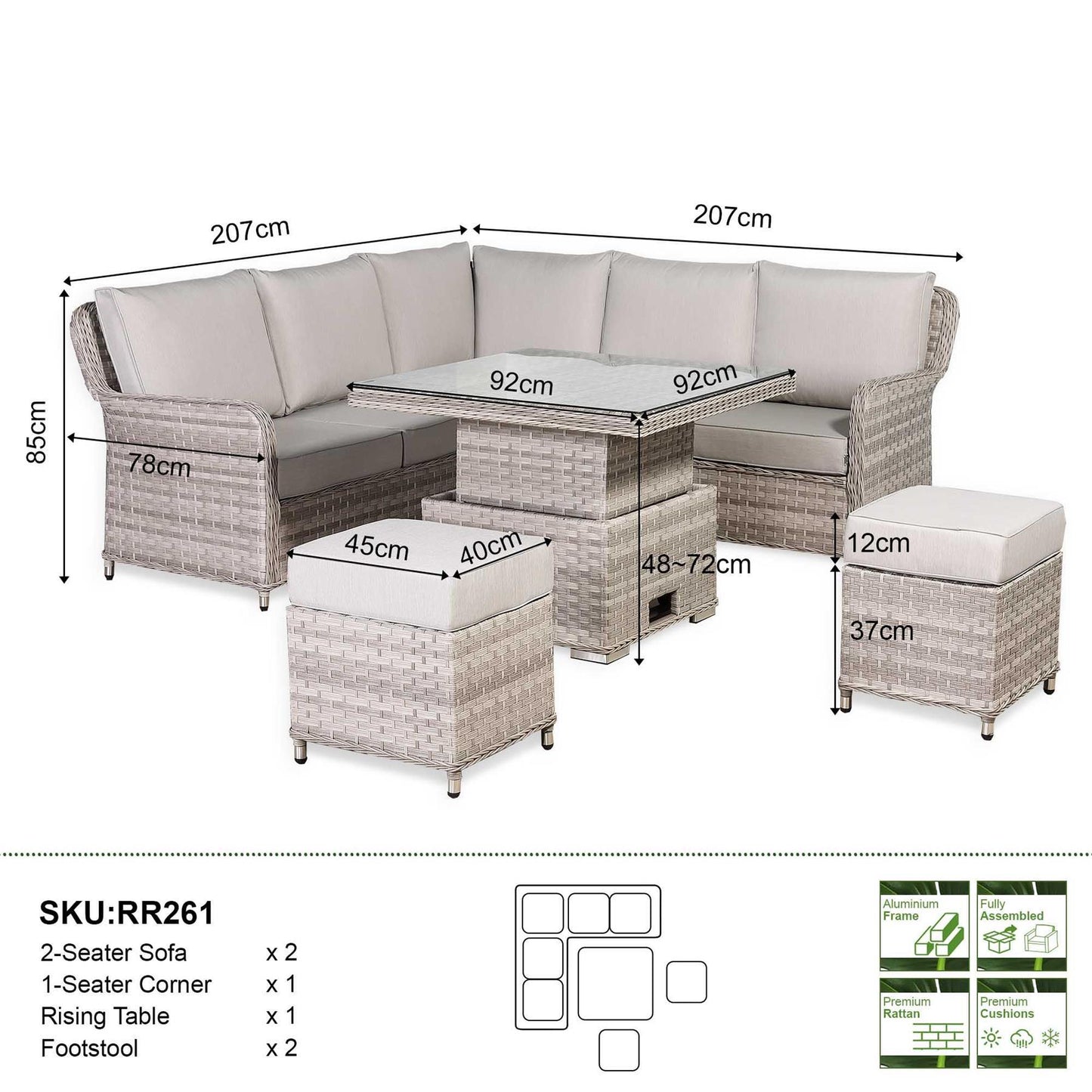 Grey Rattan Garden Corner Sofa Set with Rising Table & Cushions