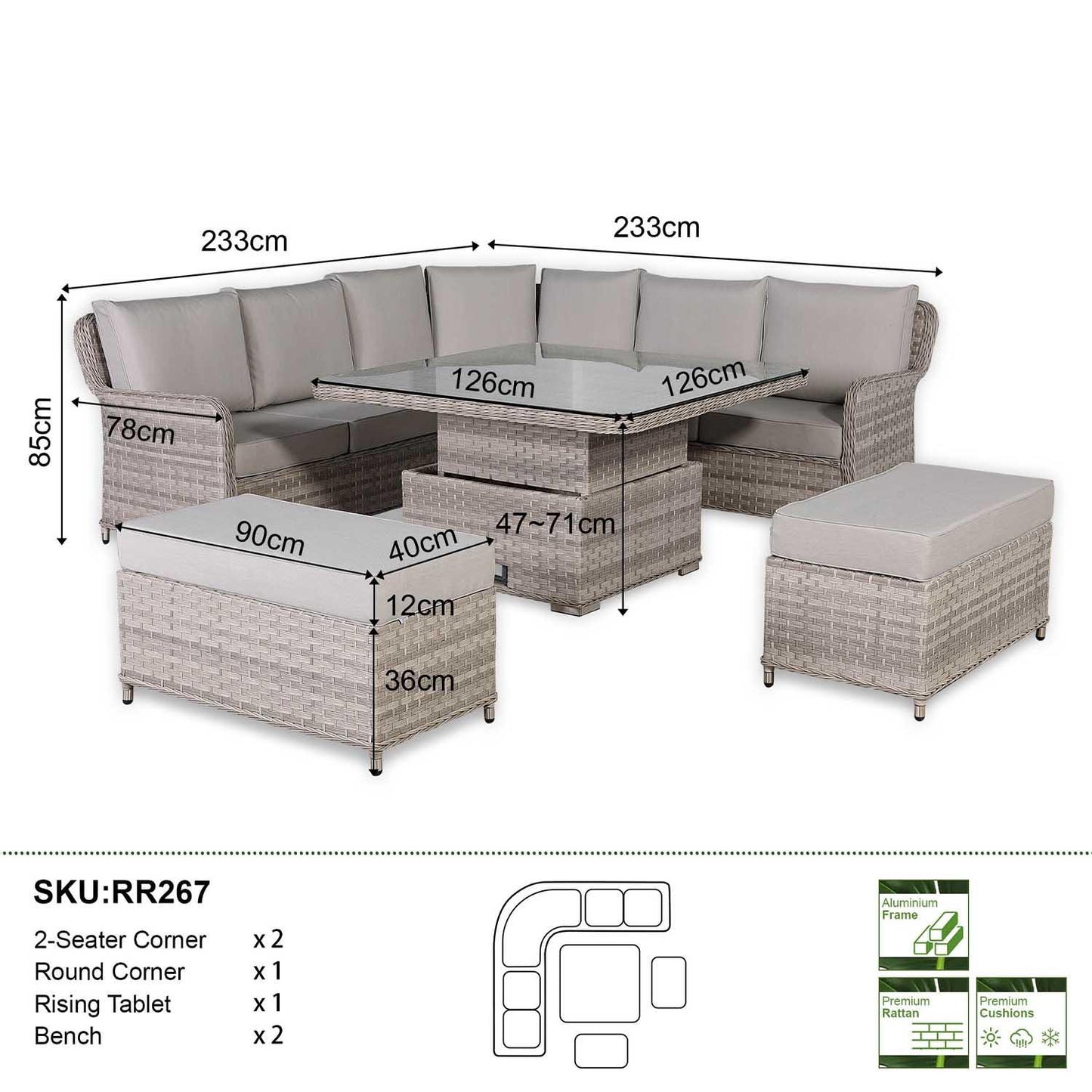 Rattan Garden Corner Sofa Set with Rising Dining Table and Bench