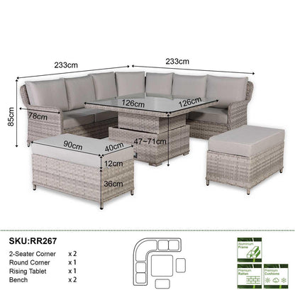 Rattan Garden Corner Sofa Set with Rising Dining Table and Bench