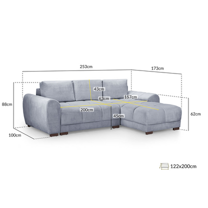 Zura Plush Velvet Large 3 Seater L Shaped Universal Corner Sofa Bed